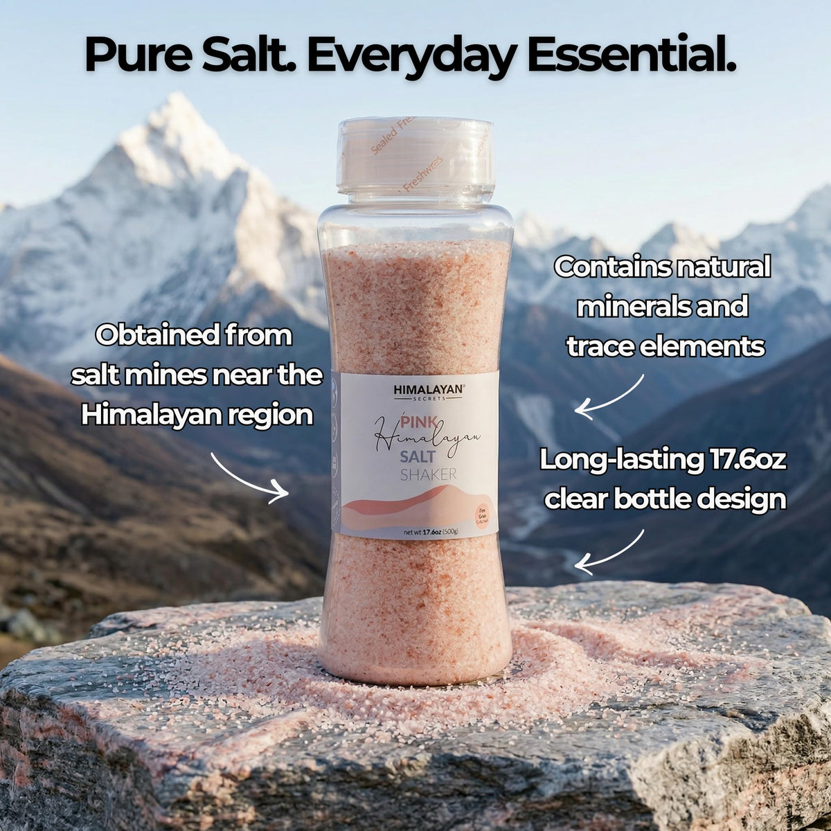Himalayan Secrets Natural Pink Salt - Cooking Salt, Fine Grain Gourmet Salt, Kosher Certified, Pure Flavor, Healthy, No Additives, Rich in Minerals, Easy Sprinkle Butterfly Top (17.6 oz Shaker)