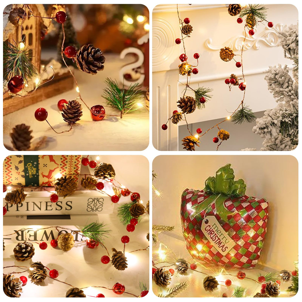 RECUTMS Christmas Garland Decoration with Lights,2PCS 7FT 20LED Pine Cone Red Berry Bell Battery Operated Christma String Light, Lighted Up Pinecone Vine Indoor Xmas Tree New Year Holiday Party Decor