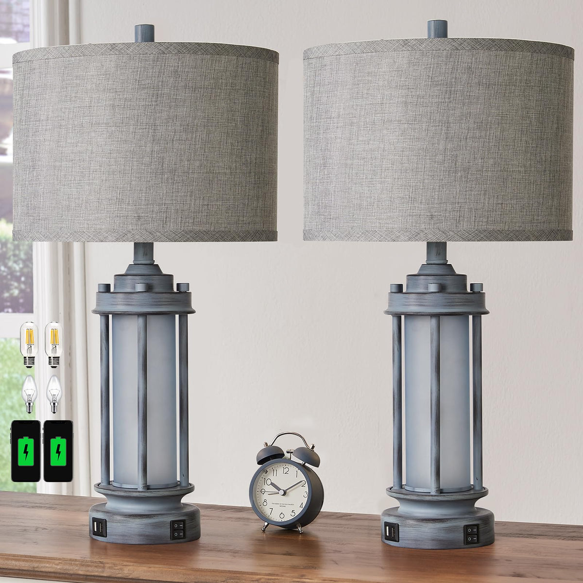 AIEAMPDO Set of 2 Rustic Table Lamps for Living Room with 2 USB C+A Ports