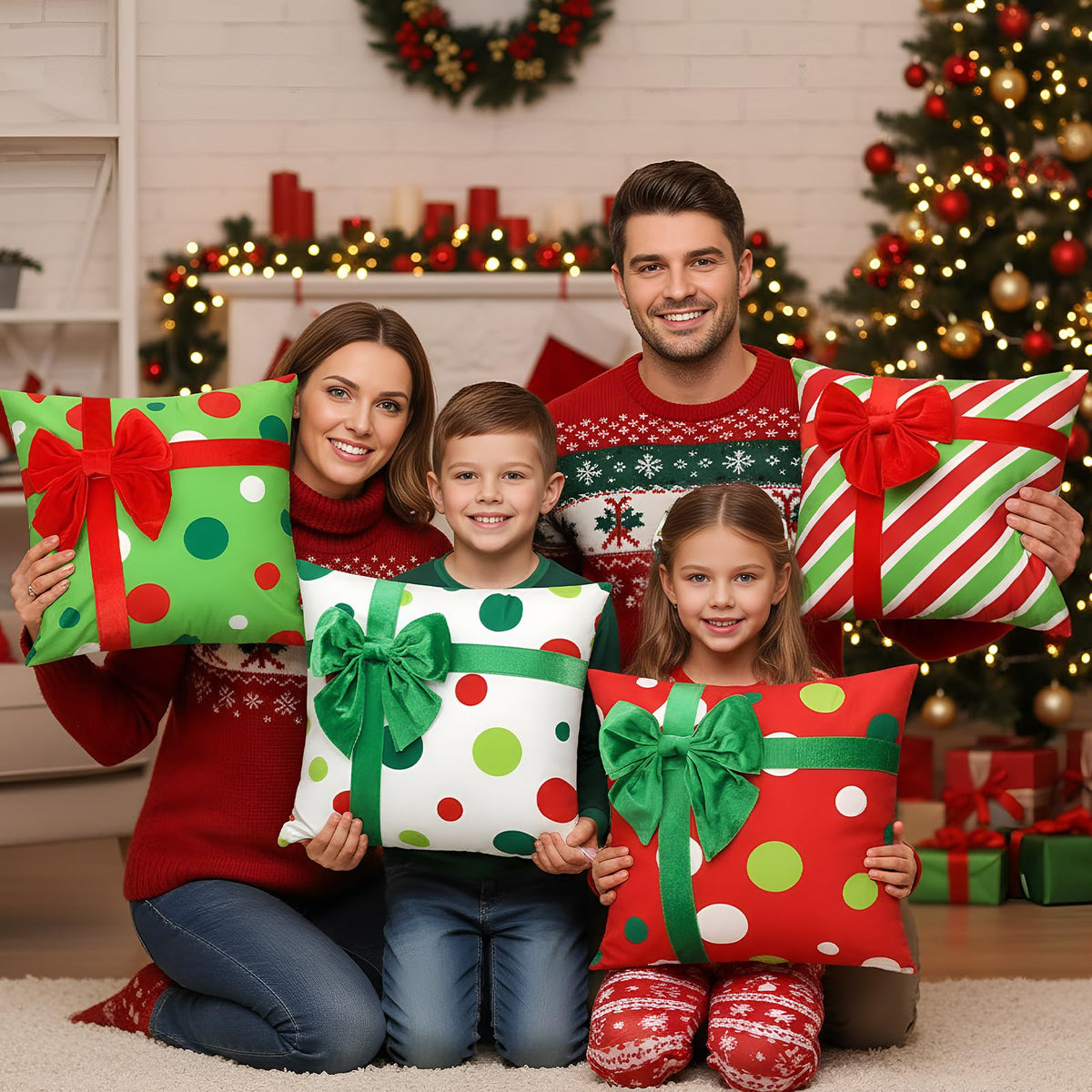 Breling 4 Set Christmas Pillow Covers 3D Bows Gift Box Pillow Cases 18 x 18 Inch Red Green Stripe Dot Xmas Winter Cushion Cases for Christmas Home Chair Bed Sofa Cushion Decor