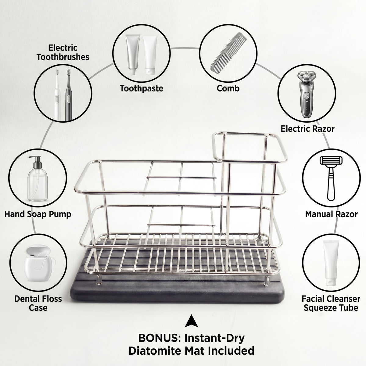 Cong He Toothbrush Holder for Bathroom Countertop, Stainless Steel Electric Toothbrush Organizer with Quick-Drying Diatomite Stone Mat, Rustproof Vanity Caddy for Toothpaste and Razors, Grey