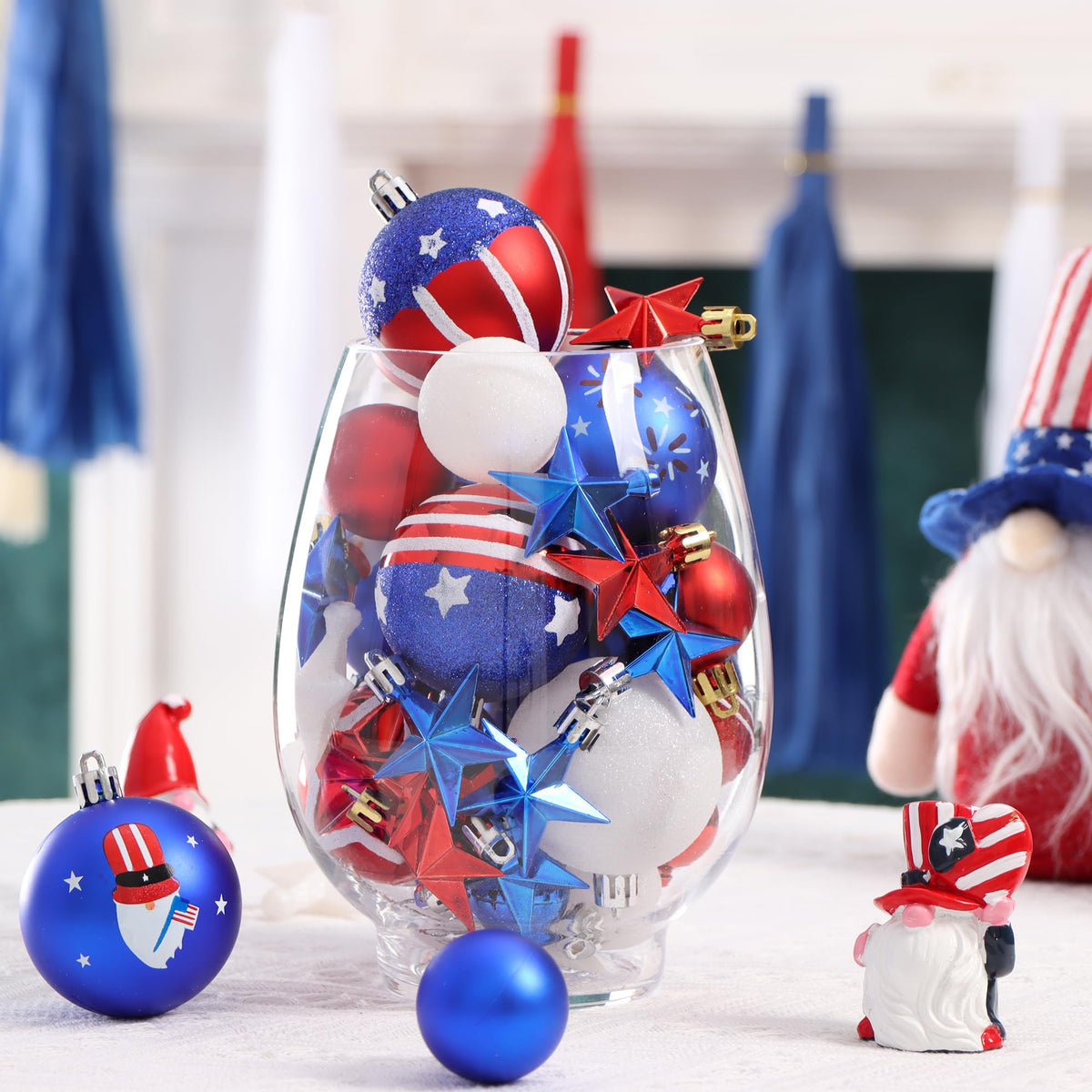 100Pcs 4th of July Tree Decorations Patriotic Ornaments, 2.36'' Memorial Day Red White Blue Ornaments and Star, Shatterproof American Hanging Ball Decor for Independence Day USA 250th Holiday