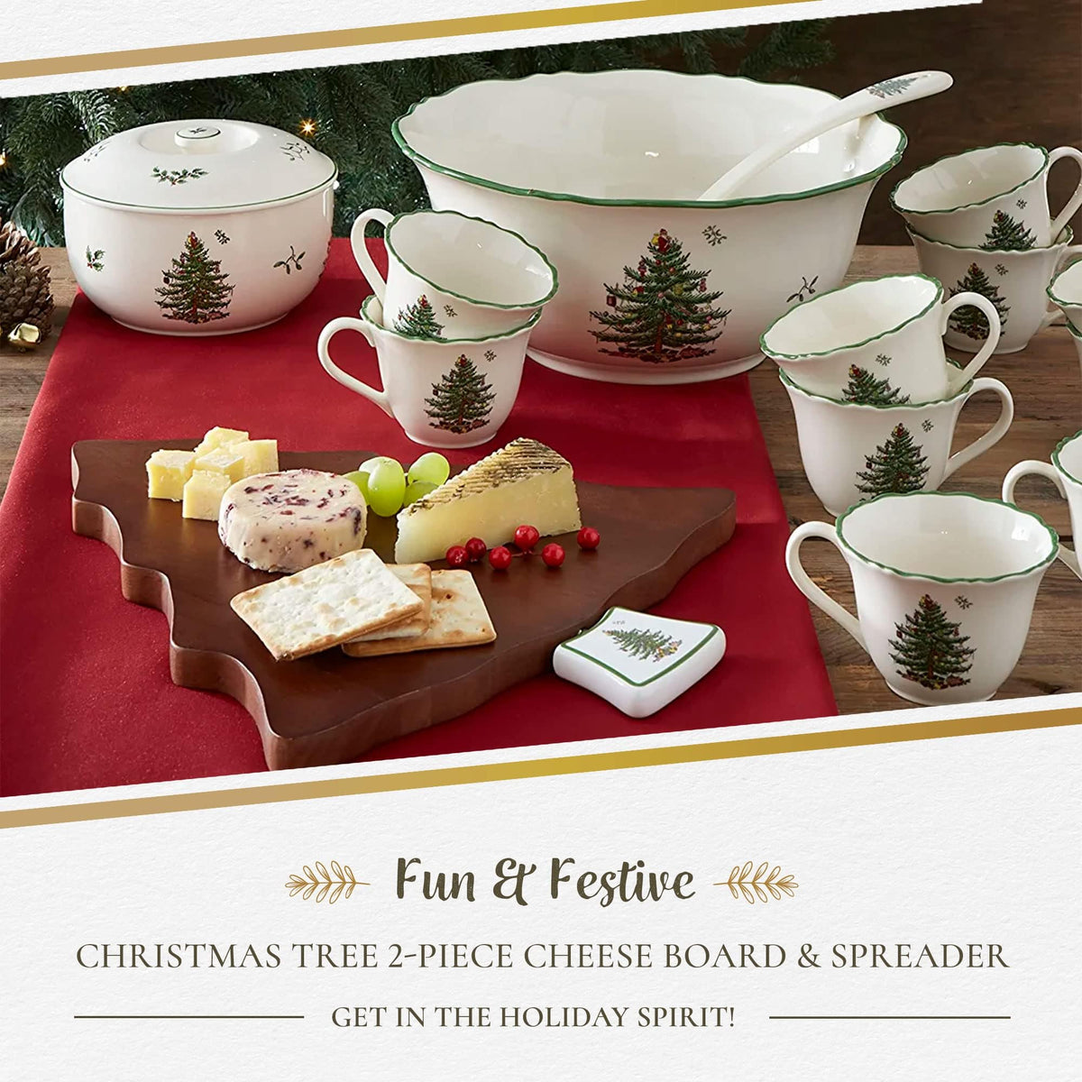 Spode Christmas Tree Cheese Board & Spreader Set (2-Piece) – 13" Acacia Wood Cheese Serving Board with Handled Spreader – Festive Serveware for Holiday Entertaining, Charcuterie & Appetizers