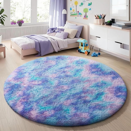 Ophanie Round Area Rug - 5Ft Tie-Dye Rainbow Purple | Fluffy Shaggy Carpet for Kids' Rooms & Nurseries