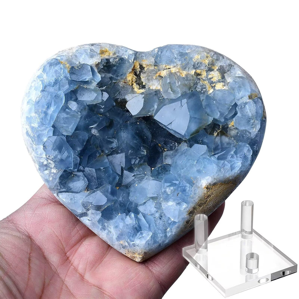 FZBHRO Extra Large Blue Celestite Geode Heart Healing Crystal Stone Collection Mineral Specimen with Stand Home Office Decor 3.5-4.0 Pound