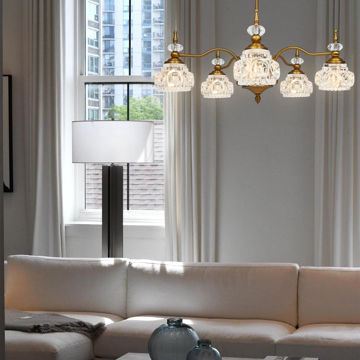Montex Brass Pendant Light Fixture, Gold Vintage Chandelier Light Fixture 5 Lights, Include 6 Light Bulbs Glass Pendant Light Crystal Hanging Light