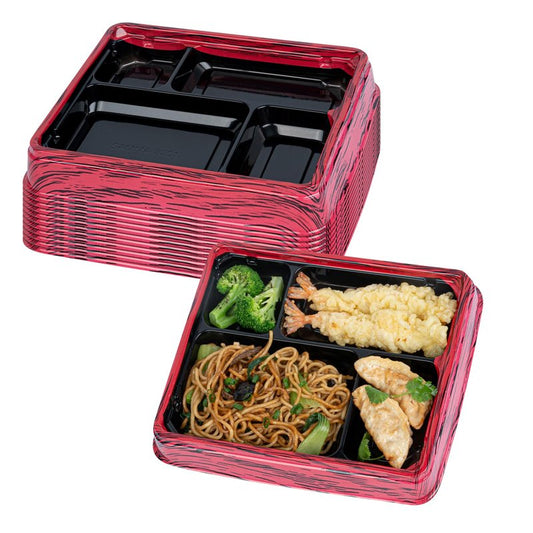 Restaurantware Bento Tek 15.2 Ounce Meal Prep Containers, 50 Disposable To Go Food Boxes - Lids Sold Separately, 4 Compartments, Red And Black Plastic Bento Lunch Boxes, Freezable, For Take Out