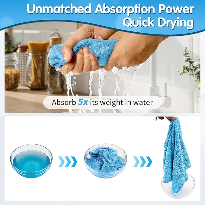 FIXSMITH Blue Microfiber Cleaning Cloth -Pack of 8, Highly Absorbent Cleaning