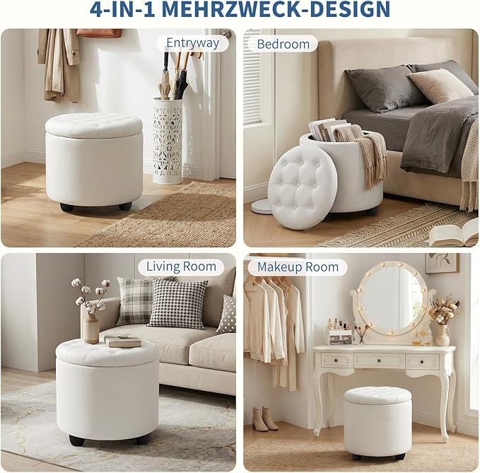 Furniliving Upholstered Button Tufted Round Ottoman, PU Storage Ottoman Round