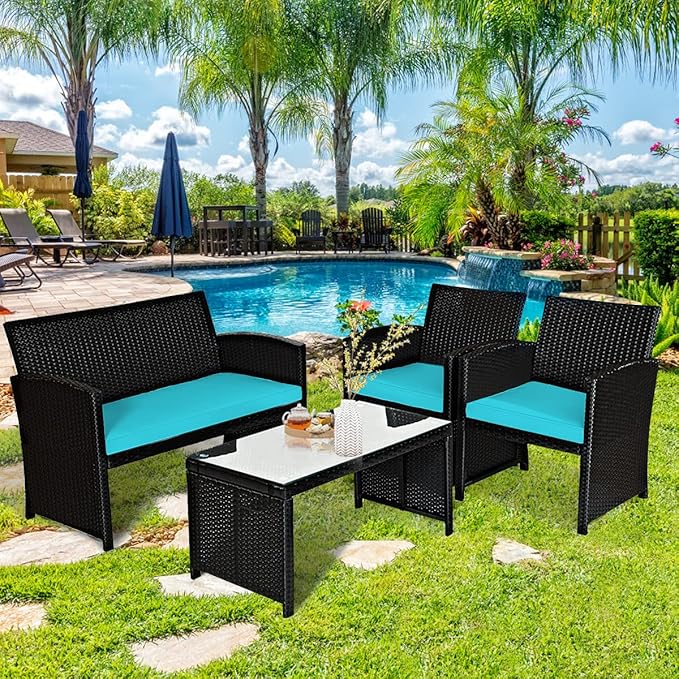 Tangkula 4 Pieces Patio Wicker Conversation Furniture Set, Patiojoy Sofa &