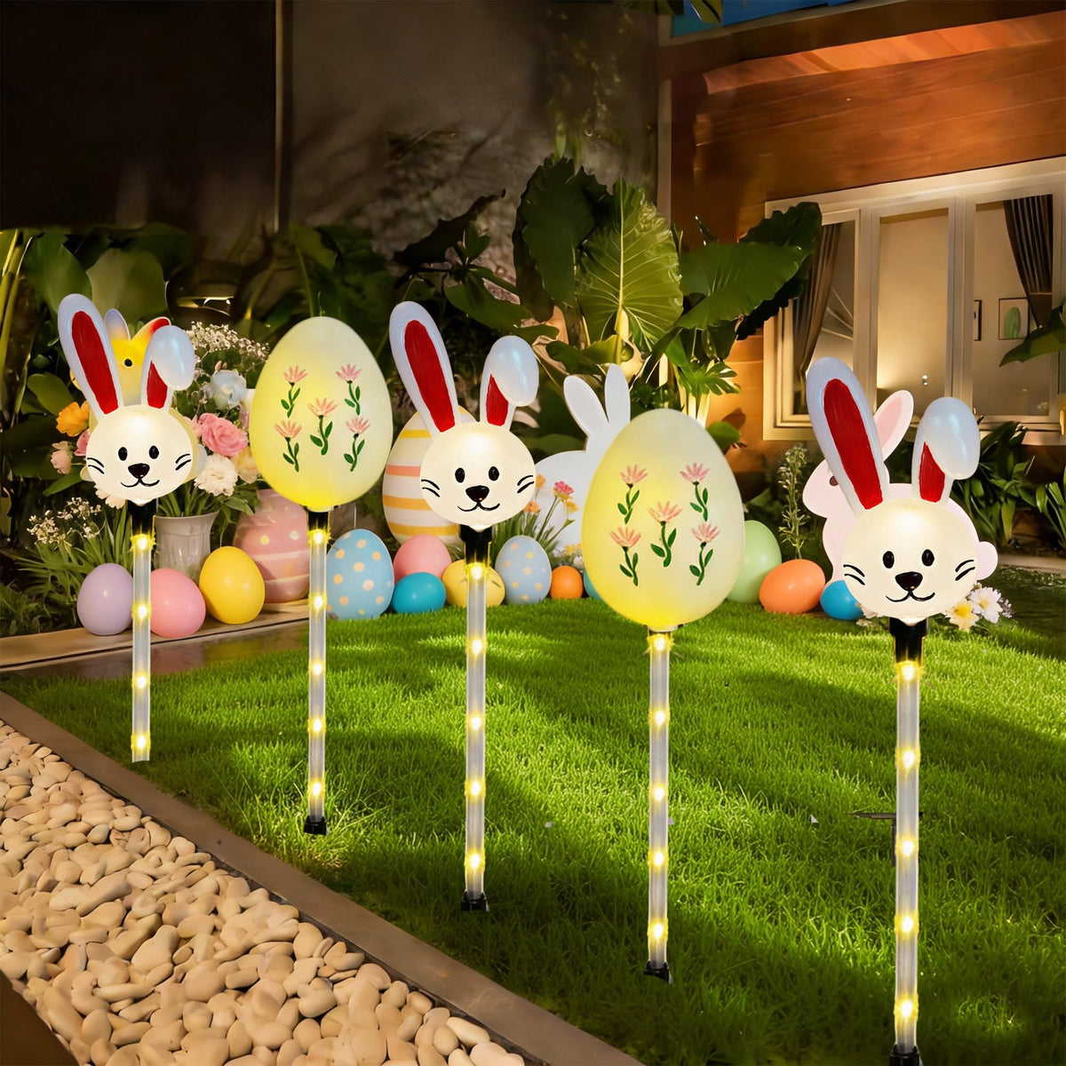 NAHIYELAS Solar Easter Pathway Lights - 5 Pack Bunny Egg Light Outdoor Solar Powered Path Lights with 8 Lighting Modes, Waterproof Garden Stake for Easter, Housewarming Gifts & Outdoor Decor