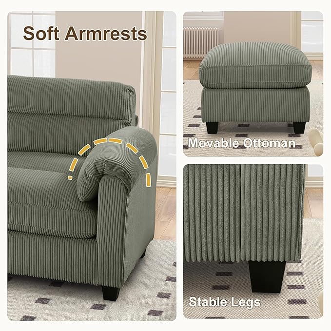 HAOMARKETS Corduroy 4-Piece Sofa Set, Upholstered Ottoman Set of 2, Loveseat