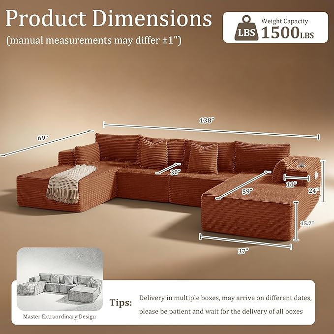 138" Cloud Sectional Couch, Comfort U Shaped Sofa