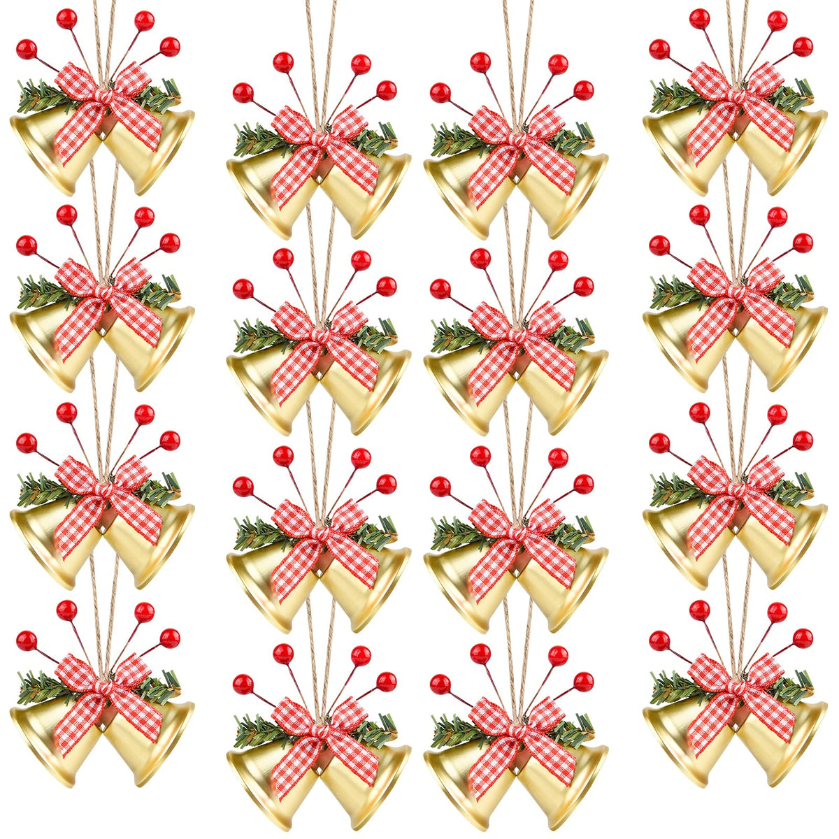 ASTARON 12 Pcs Christmas Bell Ornaments Xmas Tree Hanging Ornaments Jingle Bells with Holly Berries for Christmas Wreath Crafts Holiday Tree Decorations (Gold)