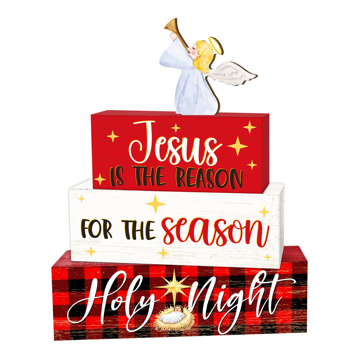 4 Pcs Angel Christmas Decor, Jesus Table Decorations, Holy Night Christmas Tiered Tray Desk Decor Gifts, Wooden Christian Stack Block Signs Table Centerpiece for Farmhouse Office -A03