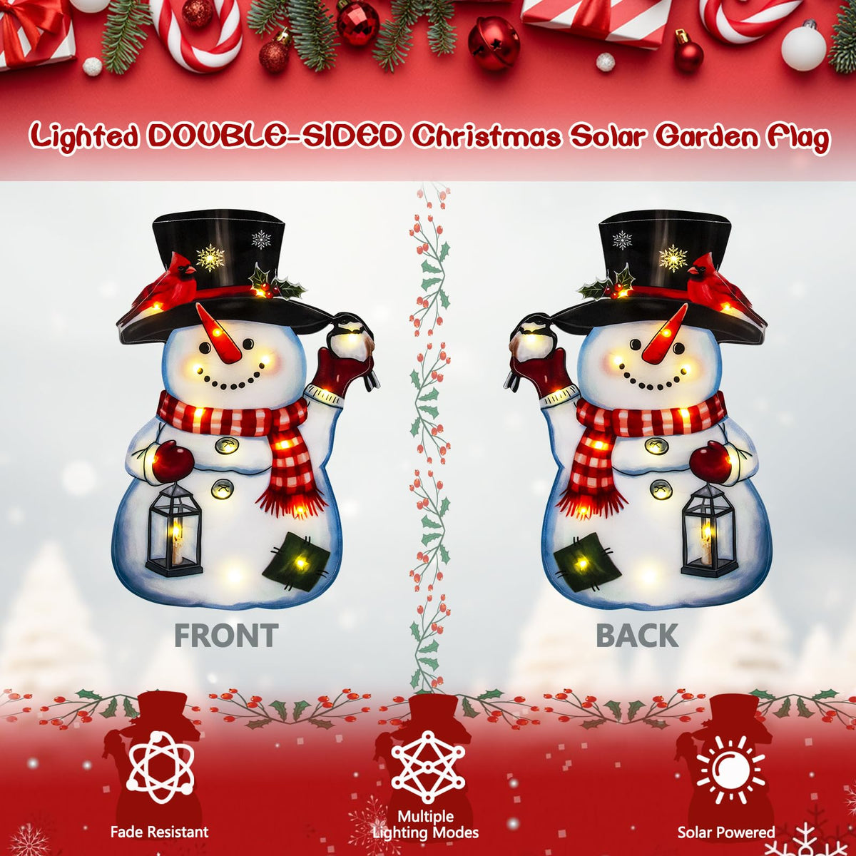 Lighted Christmas Garden Flag12x18, 8 Modes Double Sided Solar Christmas Decorations Outdoor LED Navidad Flag, Yard Decorations for Xmas Patio Lawn Porch