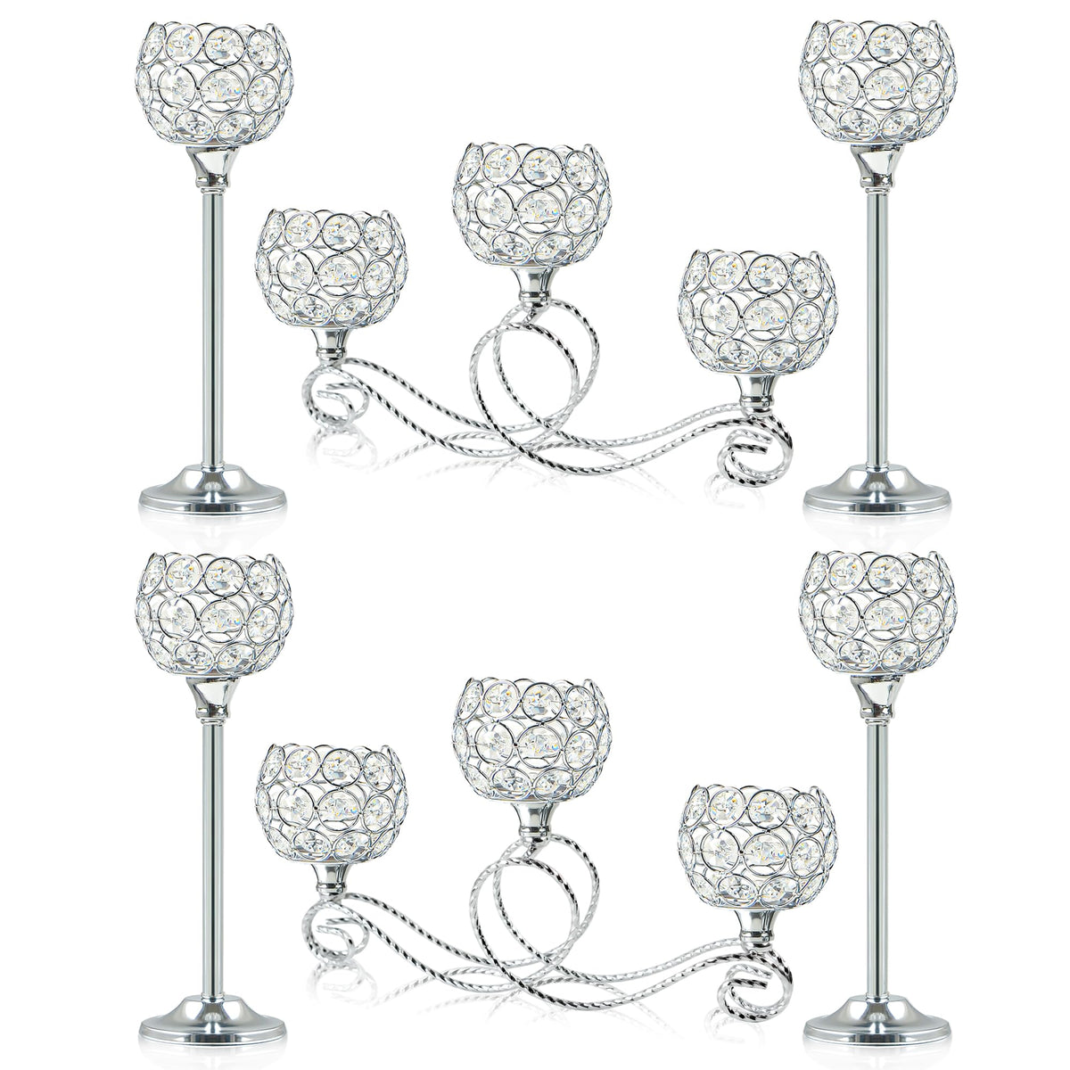 Silver Set of 6 Metal Crystal Tea Light Candle Holder, Elegant Wedding Table Centerpiece Candle Holder, Christmas Wishing Crystal Bowl Candle Holder Suitable for Wedding Party Living Room Decoration
