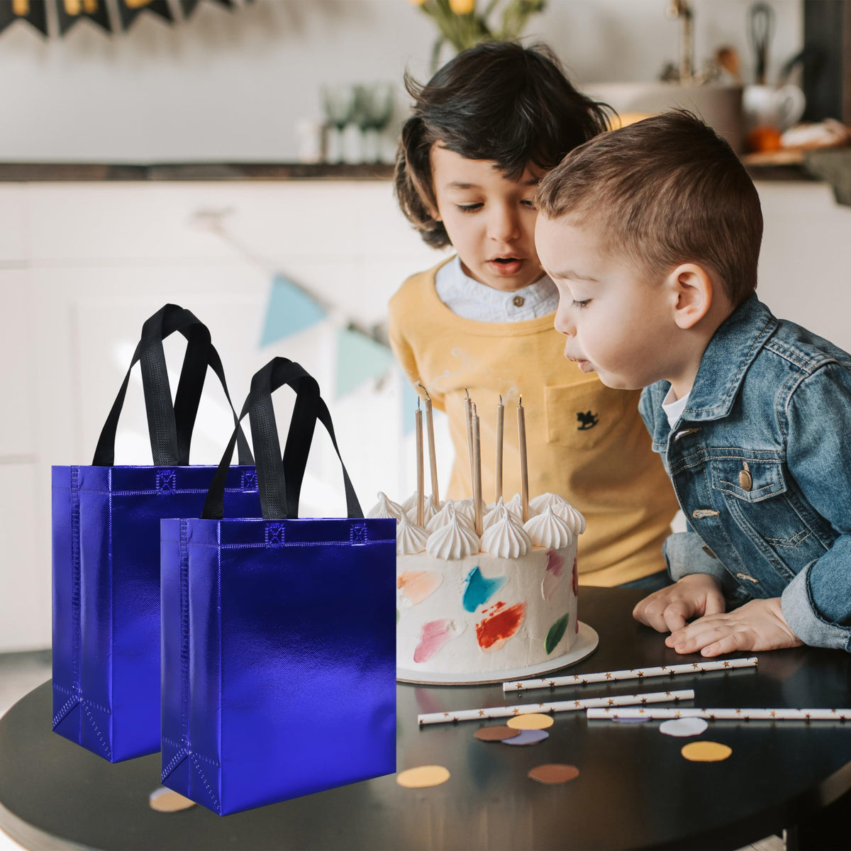 cabzymx 18 Pcs Glossy Blue Small Gift Bags, 8 x 3.9 x 9.8 In Reusable Goodie Bag Bulk with Sturdy Base, Non-woven Holiday Gift Bags for Birthday, Wedding, Party, Easter