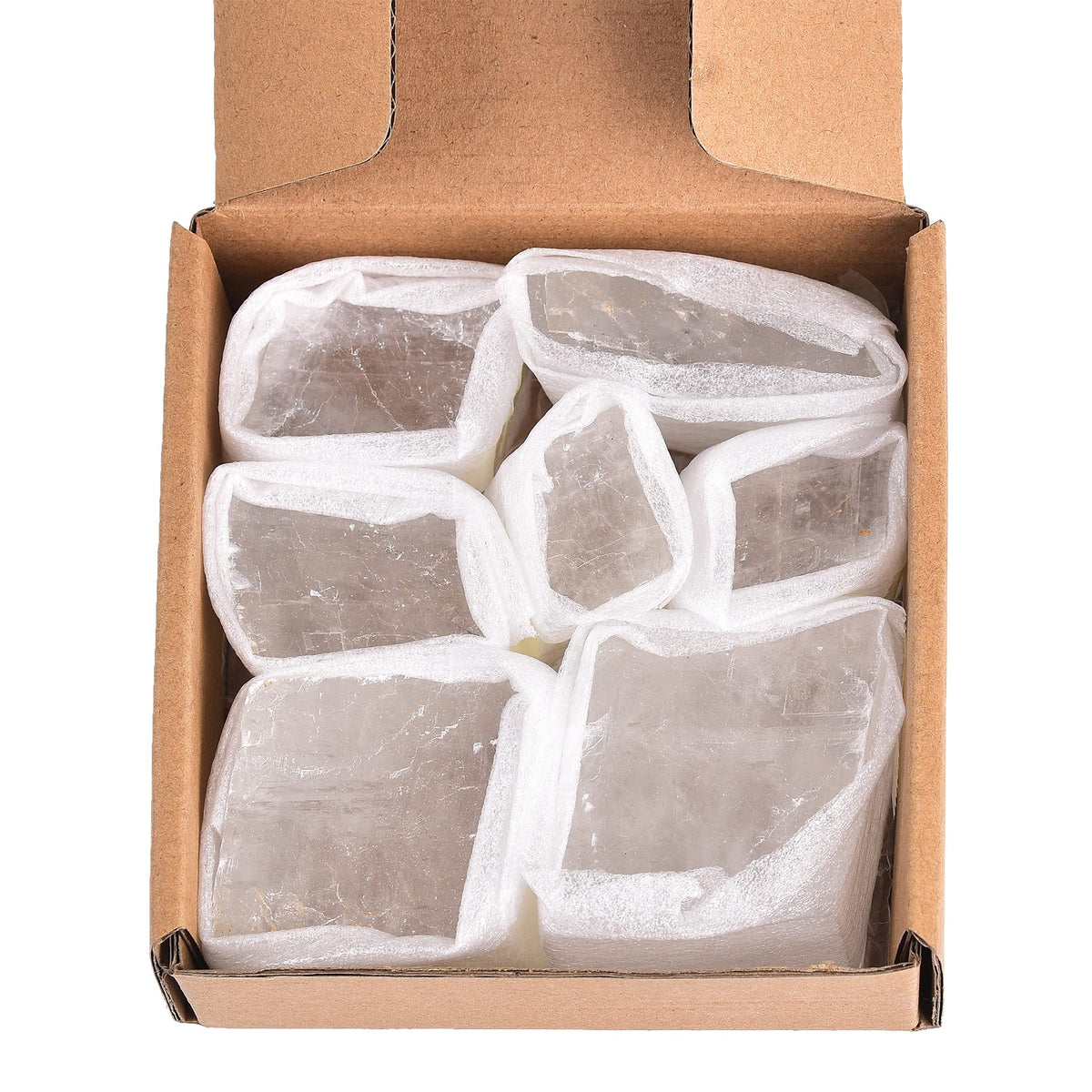 AMOYSTONE 1Lb Bulk Optical Calcite Iceland Spar in Box 7-8 Pcs Irregular White Crystals Rough Stones Raw Crystal Reiki Stone for Home Decor
