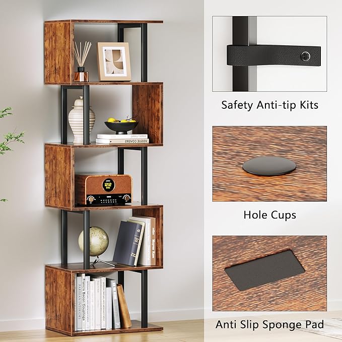 Furologee 6 Tier Bookshelf, Tall S Shaped Geometric Bookcase, Modern Display