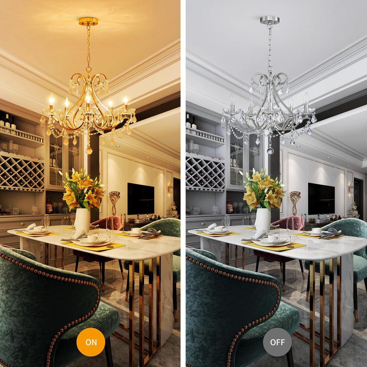 WUZUPS Crystal 5-Light Candle Chandelier Pendant Flushmount Ceiling Light Modern Lighting Fixture for Bedroom Hallway Bar Kitchen Bathroom, H 20.9" x W 21.7", Brushed Nickel, E12 Base