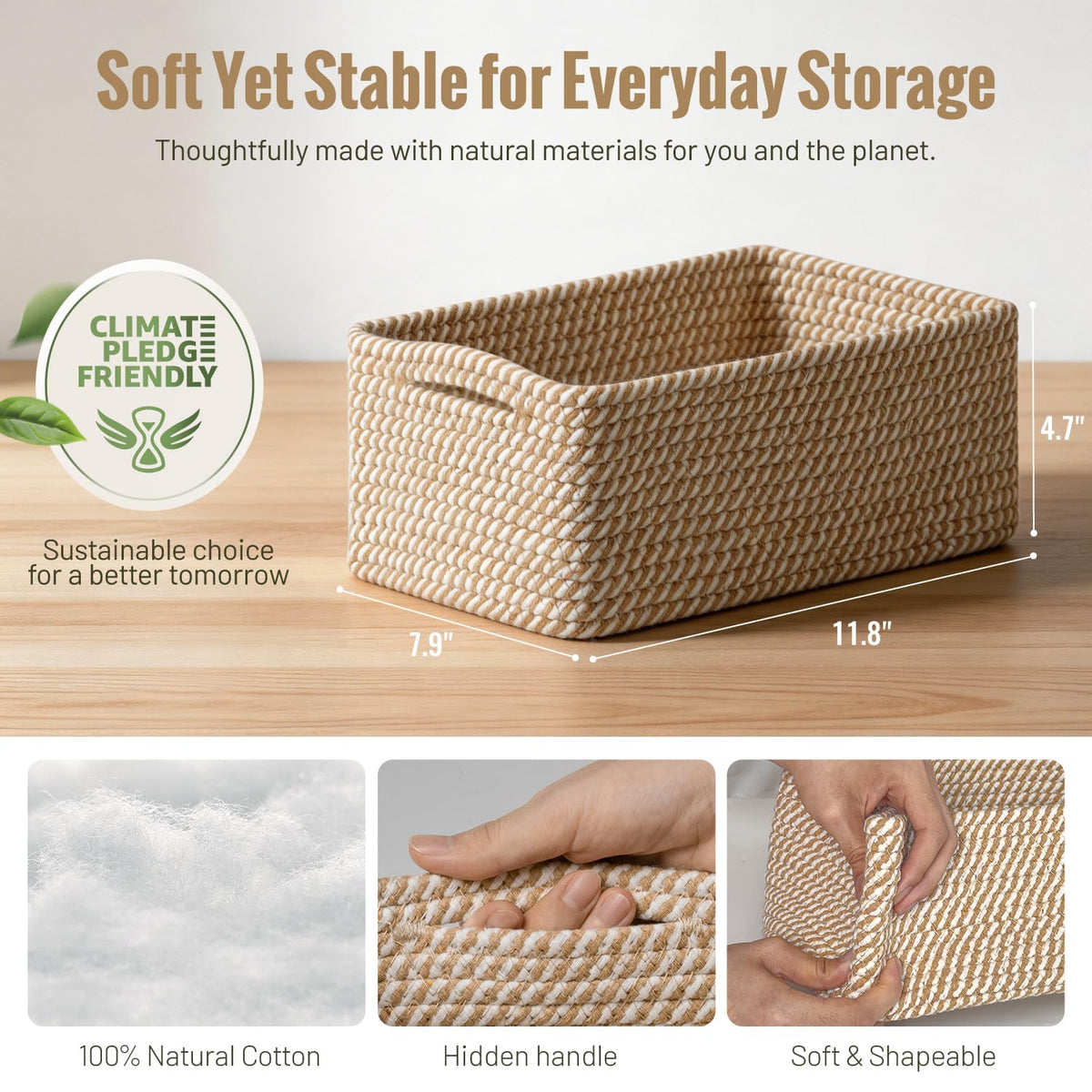 5 Pack Decorative Small Storage Baskets for Shelves, Cotton Rope Woven Basket for Organizing Bathroom, Nursery, Closet, Cabinet, Toys & Socks, Gift Baskets Empty, 11.8"x7.9"x4.7", Khaki