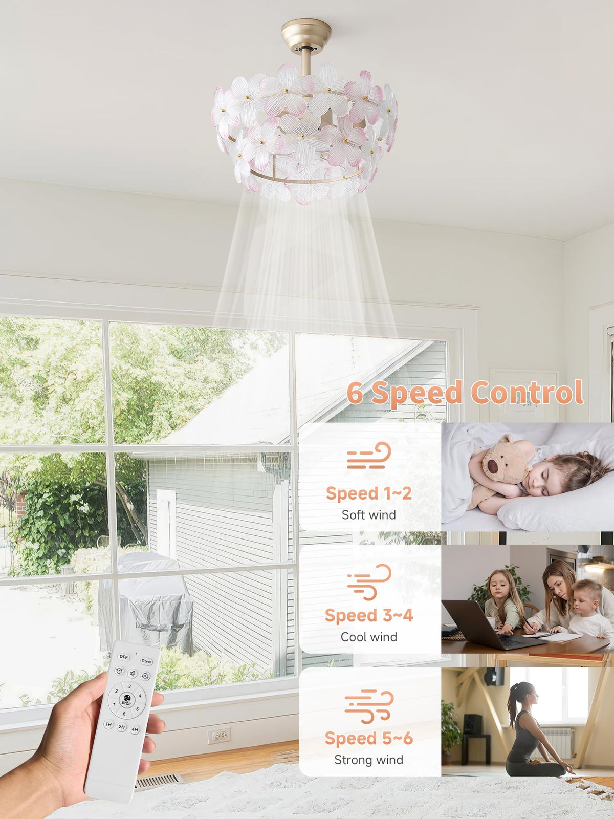 MizWacky Gold Crystal Fandelier Ceiling Fans with Lights, 20" Gold Flower Chandelier Ceiling Fan with Light Remote Control, Caged Mid Century with 6 Speeds for Bedroom, Nursery, Living Room (Pink)