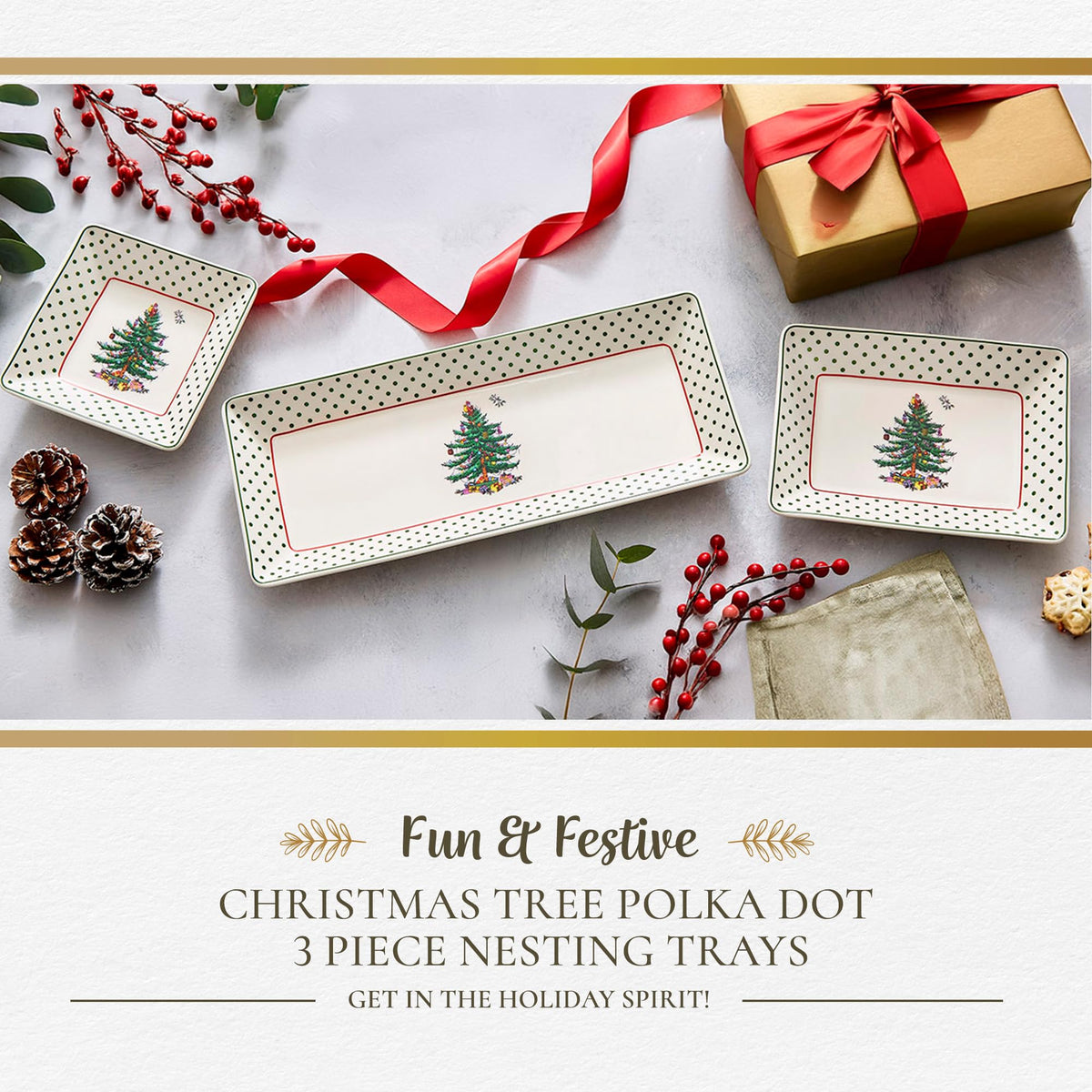 Spode Christmas Tree 3-Piece Dessert Trays, Polka Dot - Holiday Dinnerware & Decorative Nesting Trays, Holiday Winter Serving for All Parties & Occasions - for Snacks, Appetizers, Cookies