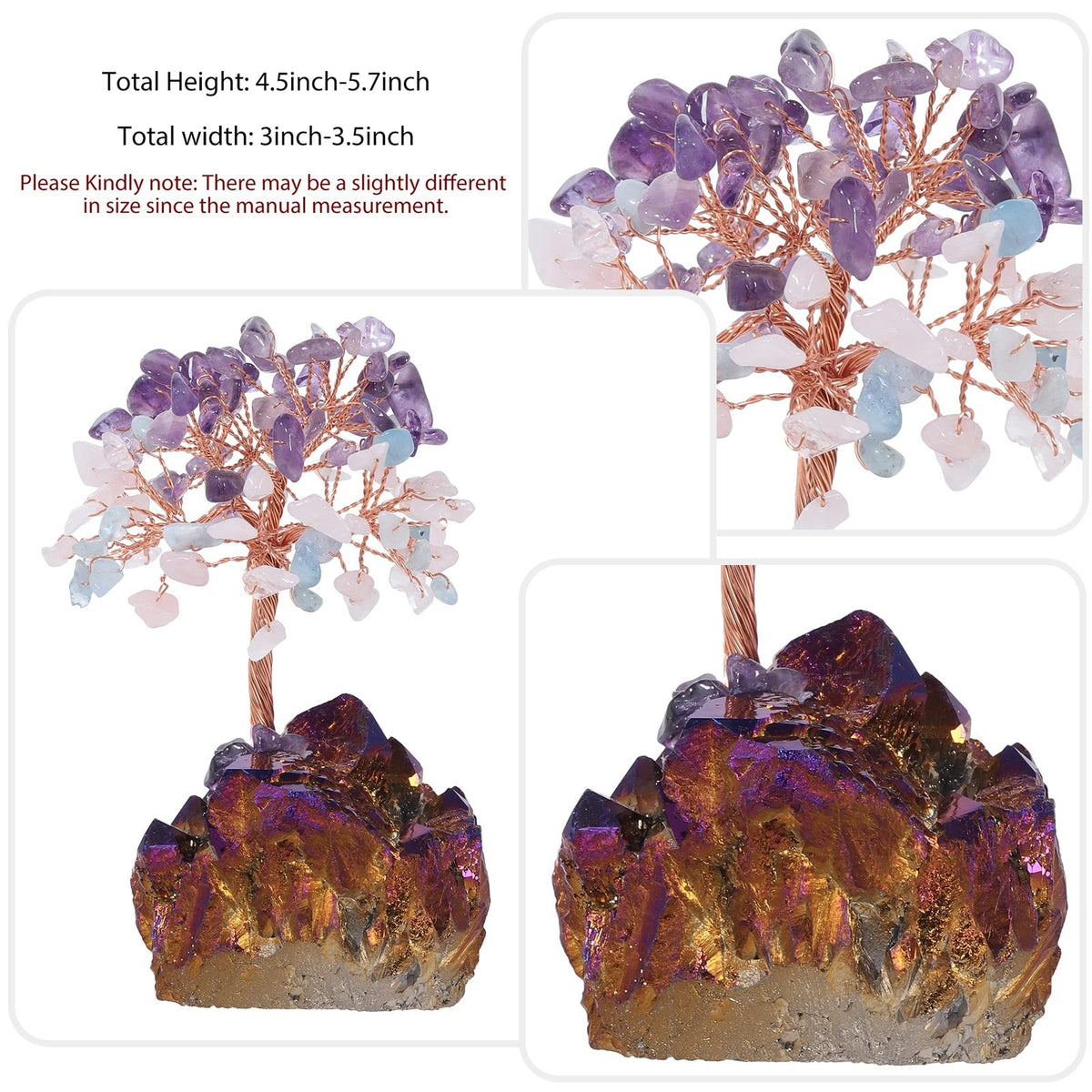 moonsix Feng Shui Crystal Tree with Purple Gold Titanium Coated Rock Quartz Cluster Base Lucky Money Bonsai Healing Tree, Amethyst & Rose Quartz & Aquamarine