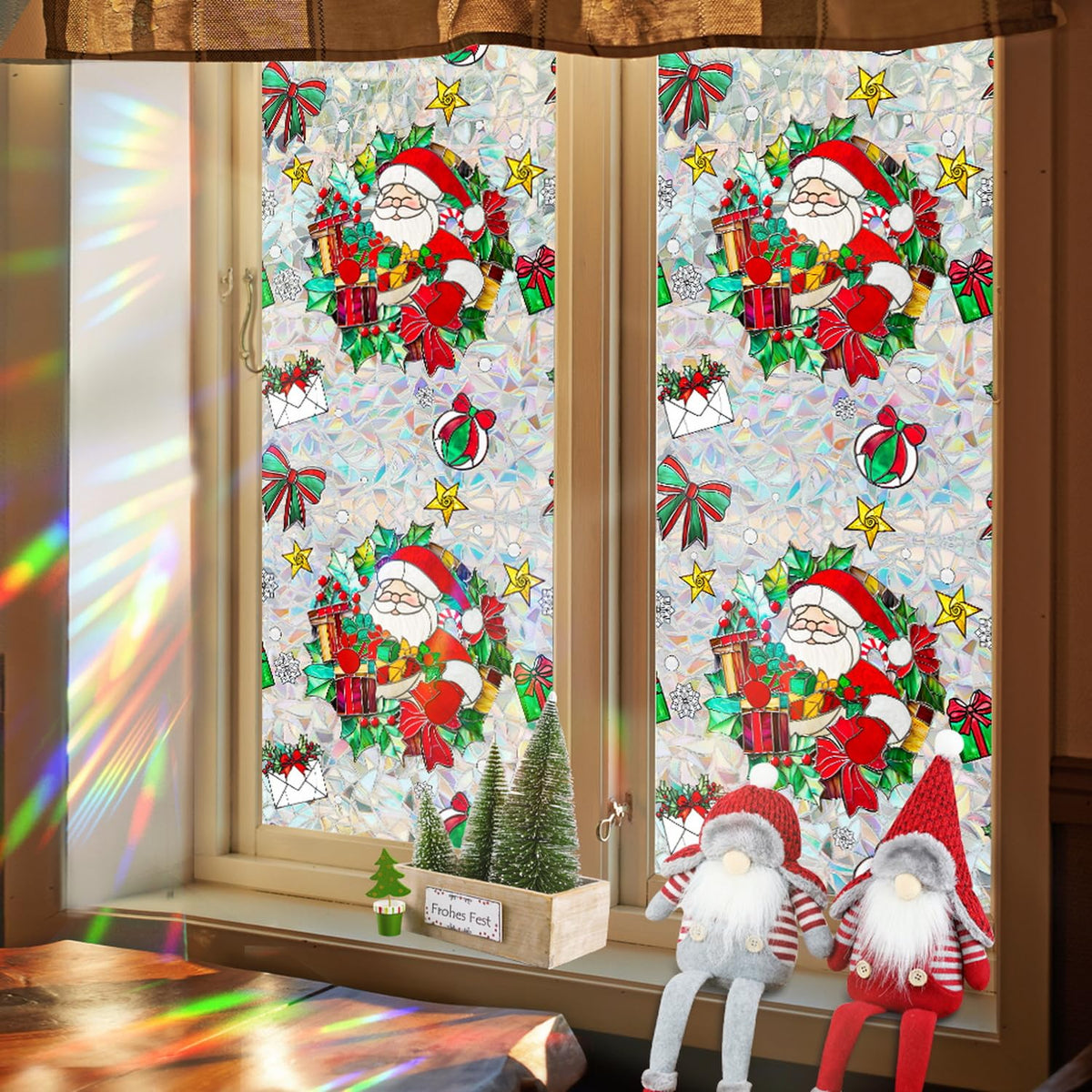 Christmas Window Stickers for Glass Rainbow Privacy Film Stained Stickers Santa Claus Window Film Christmas Balls Design Windows Decals for Home Party Supplies Glass Display Decor 17x 39.3 Inch
