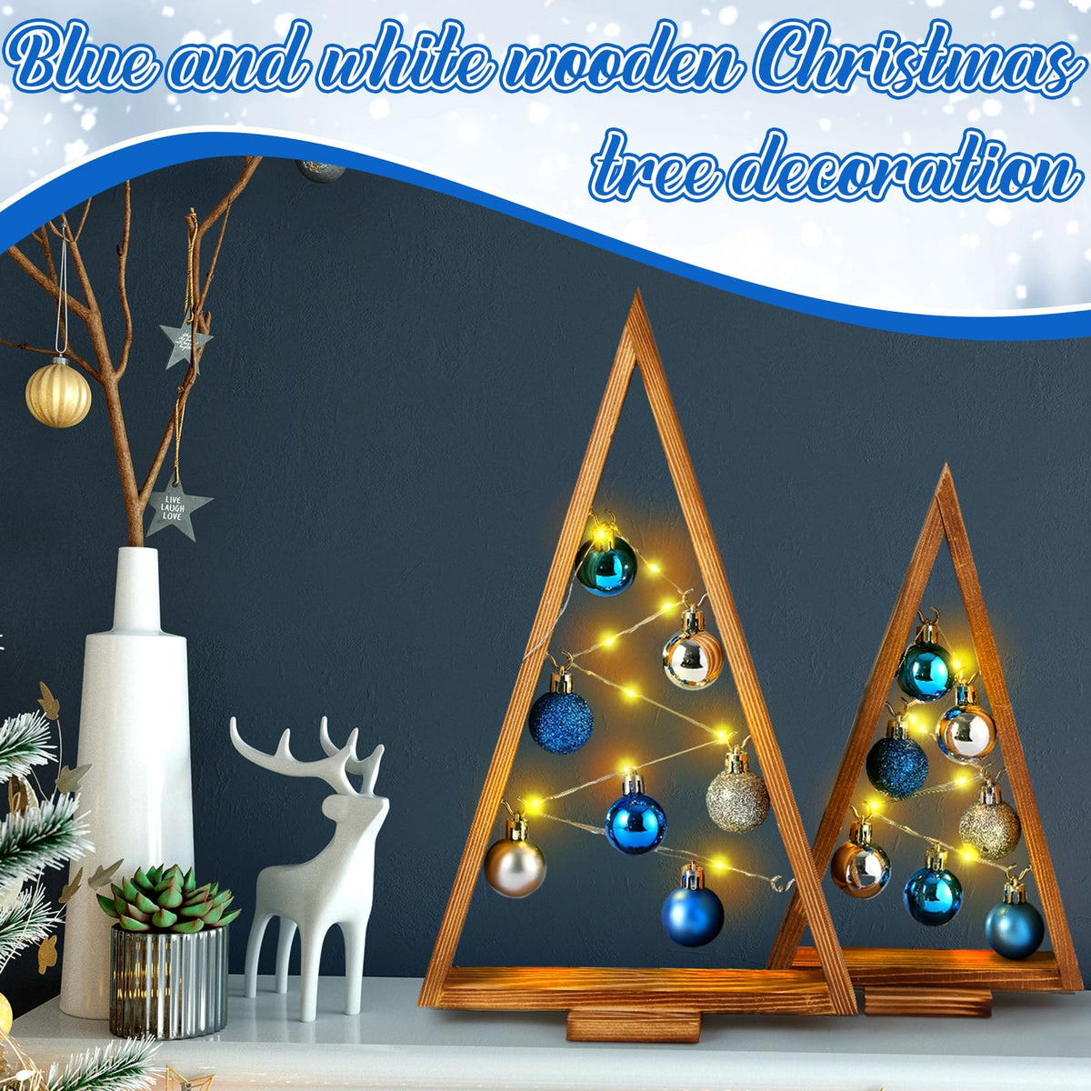 Hungdao 2 Pack Wooden Christmas Tree with Lights and Balls Modern Farmhouse Christmas Table Centerpiece Tabletop Decor for Winter Fireplace Mantle Shelf Home Decor(Blue, Silver)