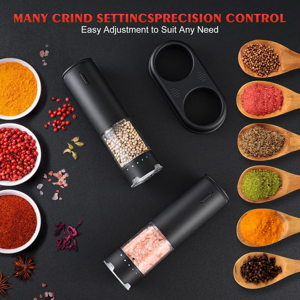 Electric Salt and Pepper Grinder Set - Rechargeable Automatic Salt and Pepper Shakers, External Adjustable Coarseness, LED Light, USB Rechargeable,Home Gifts, Black (Set of 2)
