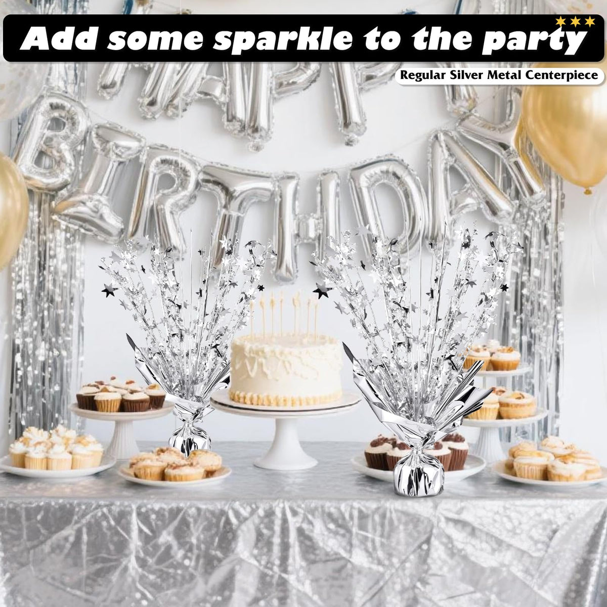 6 Pack Metallic Foil Spray Centerpiece Star Table Decoration Burst Table Centerpieces for Birthday Weddings Anniversaries Christmas New Year Holiday Party Supplies Decor (Silver)