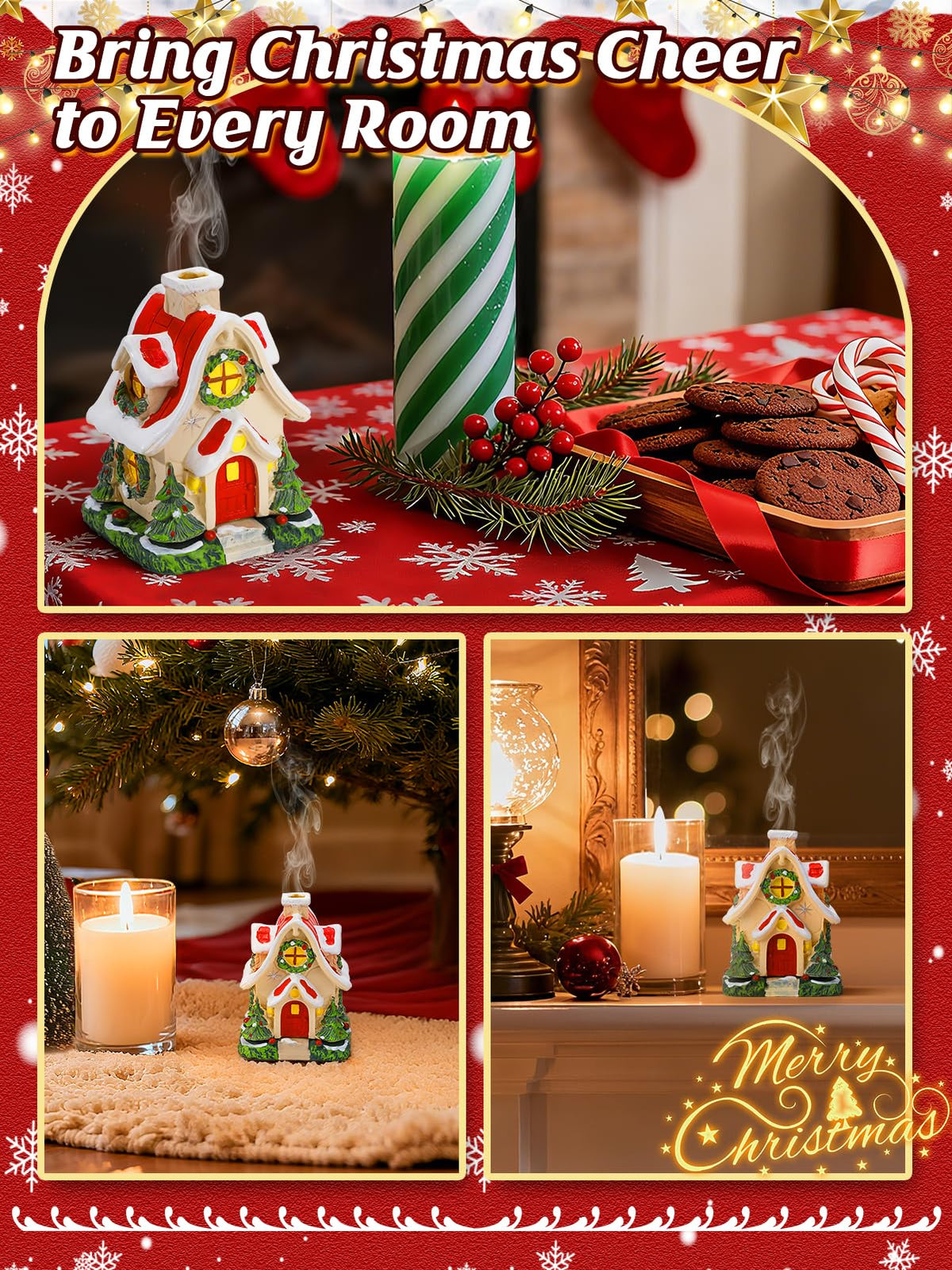 Christmas Log Cabin Incense Burner - Gift for Mom Wife Her Women, Christmas Village House Incense Holder with 2 Incense Cones for Home Decorations, Red