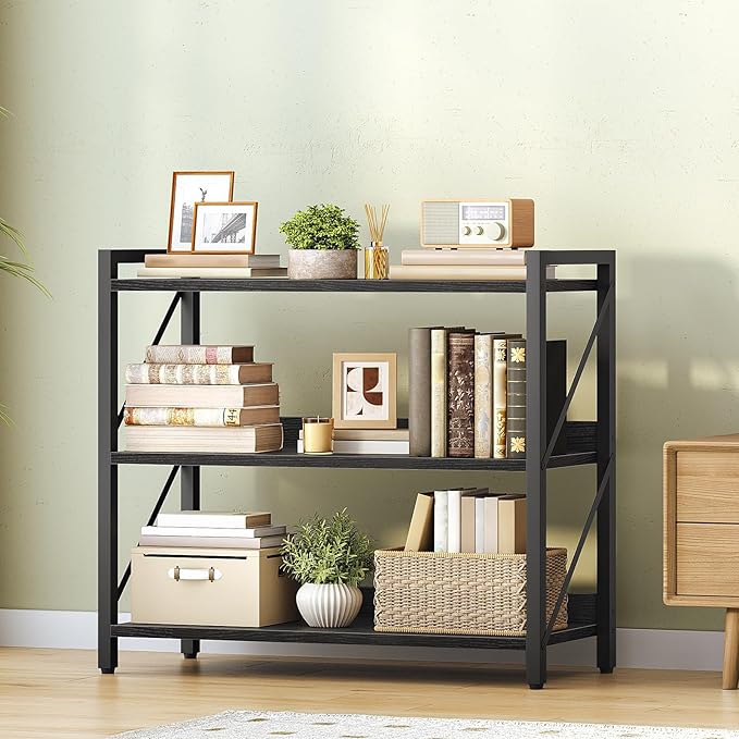 HOOBRO Bookshelf, 3-Tier Industrial Bookcase, Book Shelf Storage Organizer