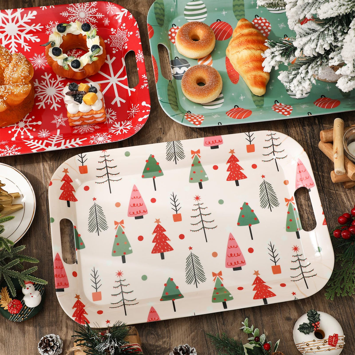 JarThenaAMCS 3Pcs Christmas Boho Serving Trays 16.4 x 11 Inch Xmas Tree Ball Snowflake Platter with Handles Reusable Serving Dishes for Winter Birthday Party Sharing Snacks Fruit Dessert