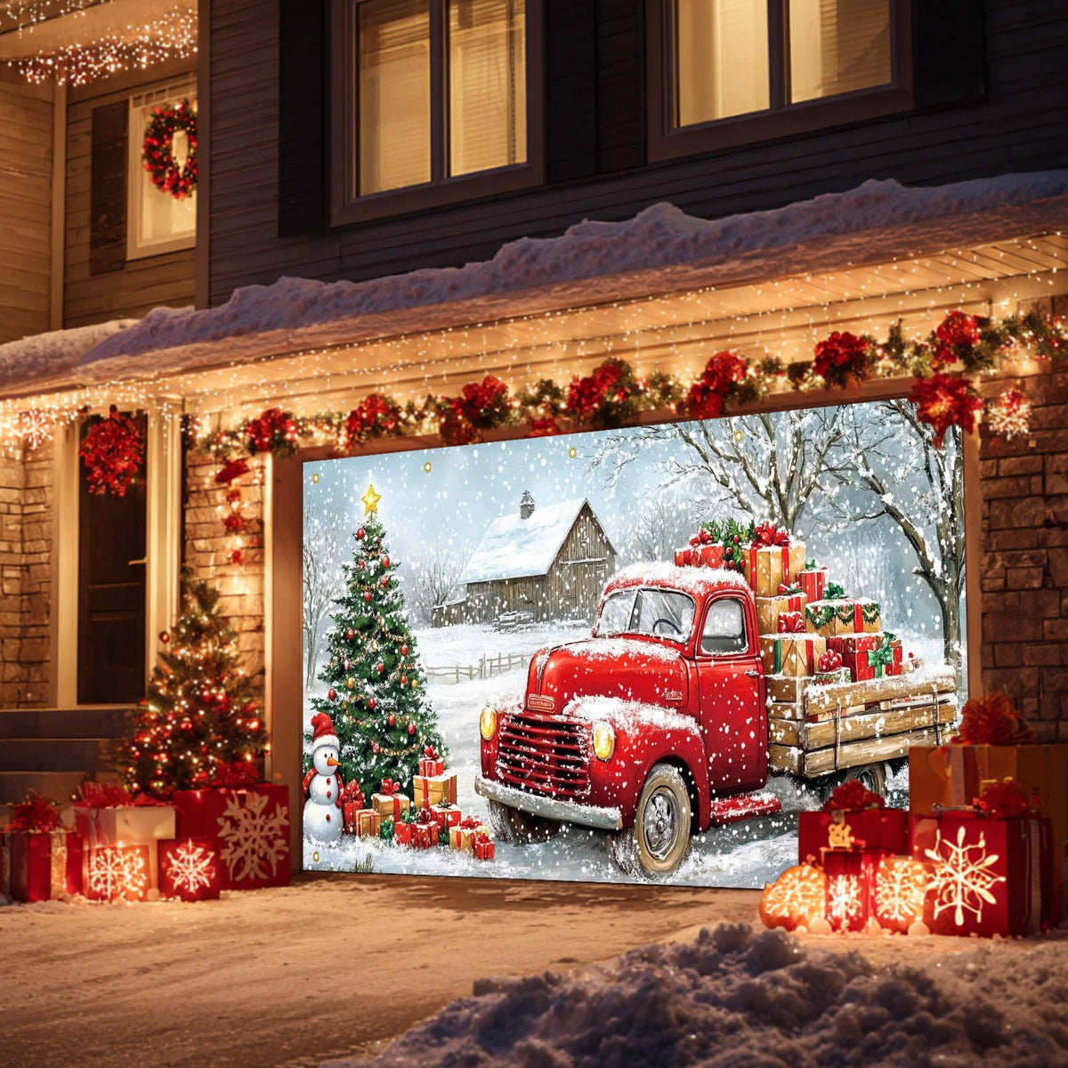 HOMETITUTE Christmas Garage Door Banner 13x6ft Red Truck Christmas Tree Snowman Barn Theme Backdrop Banners for Outside Inside Winter Door Cover Garage Wall Covering for Party Garage Decorations