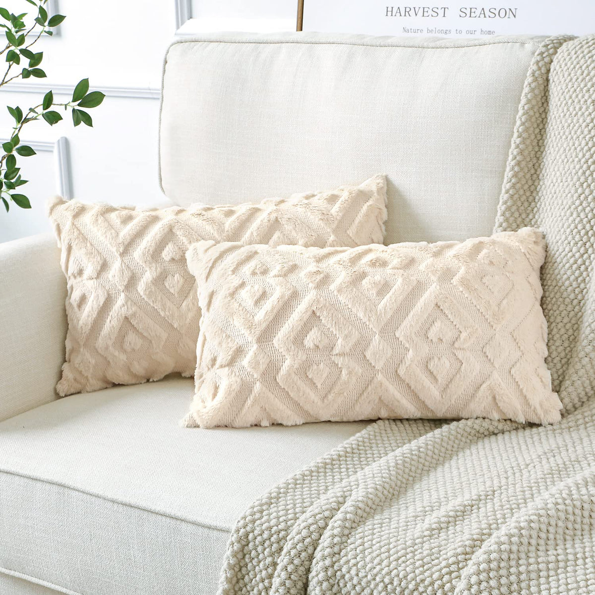 Artscope Pack of 2 Soft Plush Short Wool Velvet Decorative Throw Pillow Covers Luxury Style Cushion Covers European Pillow Shell for Sofa Bedroom Diamond Shape Cream Beige, 16x24 Inch