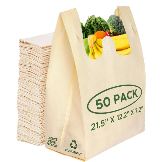 Simply Cool 50 Pack Reusable Eco-Friendly Grocery T-Shirt Shopping Bags 21.5”x12.2”x7.2”, Durable, Recyclable Shopping Bags Washable, Foldable, Portable Tote Bags Bulk