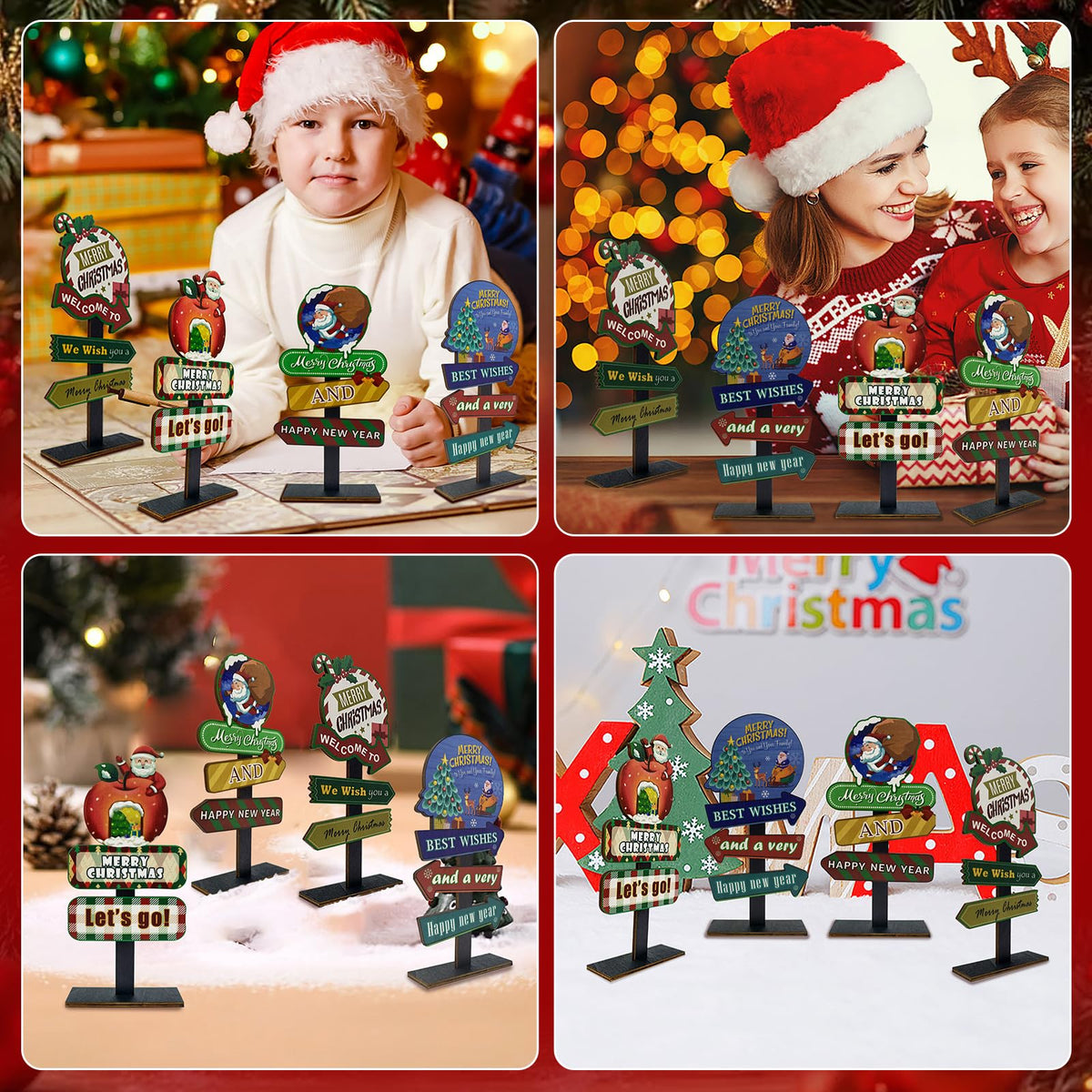 YvSuZeBuDa Christmas Table Decorations, 4 Piece Wooden Rectangular Sign Boards, Rustic Farmhouse Style, Polychrome, 8.86 x 4.72 Inches, Wall Mount with Twine, Cozy Theme (Christmas Apple)