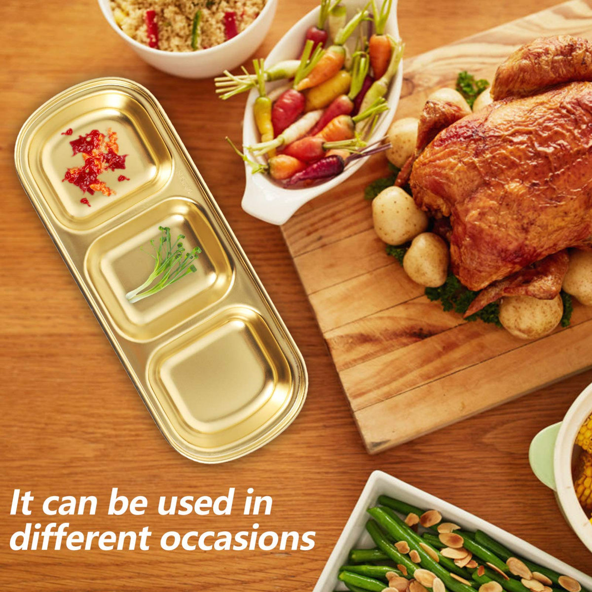 OUNONA Three Grid Seasoning Dish 2-Pack 8.07X3.14X0.78 Inch Stainless Steel Sauce Tray for Serving Dipping Sauces Appetizers and Condiments in Kitchen Restaurant Catering