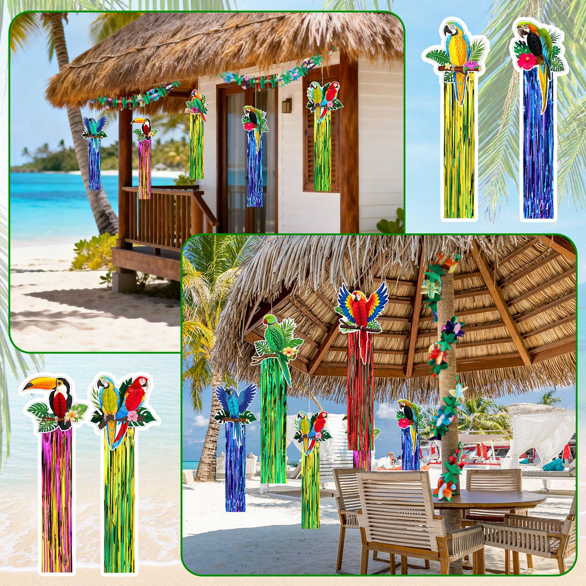 Gemscream 10 Pack 2026vbs Rainforest Tropical Birds Decorations Set Hawaiian Luau Party Supplies Includes 8 Pcs Tassel Hanging Swirls 2 Pcs 6.6ft Tropical Garland Decor for Beach Birds Birthday Party