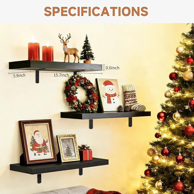 Easy Install Floating Shelves, 15.7 Inch Wall Mounted Wood Shelf, Hanging Shelf