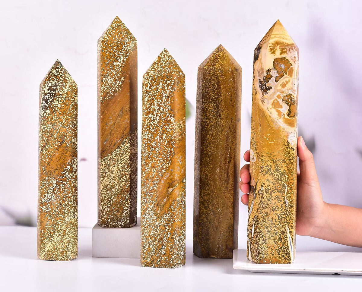 AMOYSTONE Large Yellow Ocean Jasper Stone Wand Healing Crystal Obelisk Tower 6 Faceted Column Reiki Chakra Meditation Therapy 3.5-4.0 LBS