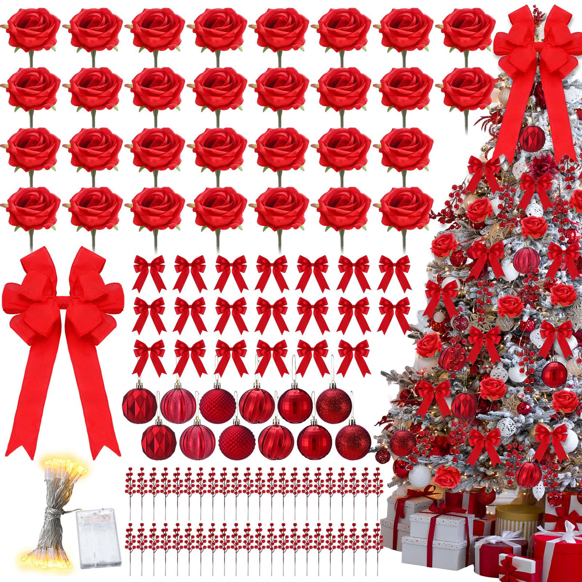 Duraaamo 134 Pcs Rose Christmas Tree Decoration Set Include Faux Red Rose Ornaments Artificial Berries Christmas Balls Ribbon Bows 16.4 ft 50 LED String Lights for Xmas Holiday DIY Crafts (Big)