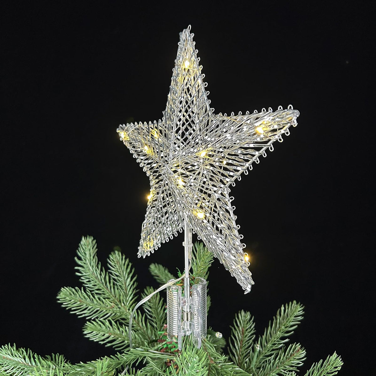 ZZZ TYLOO 11 Inch Silver Star Christmas Tree Topper, 15 LED Lighted, Metal Frame with Hand-Woven Shiny Silver PVC, Clip-On Base, Xmas Star Tree Decoration for Home