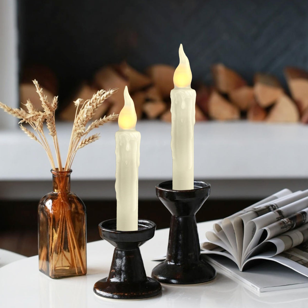 FCMSHAMD Ivory White Flameless Short Taper Candles, Real Wax Hand Dipped LED Battery Operated with Remote, Flickering Flame Lights for Festival Home Décor, 6.7 Inch Primitive Flameless Candles, 4PCS