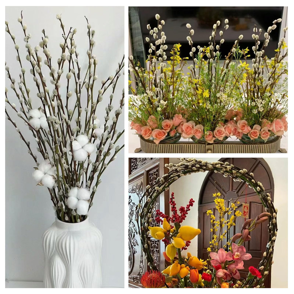 Natural Preserved Dried PussyWillow Branches for Vases, 30 Stems Real Willows, 17" Snow Pussywillows, Dried Flowers for Indoor and Outdoor Decor, Wedding Home DIY Floral Art Plants Fireplace