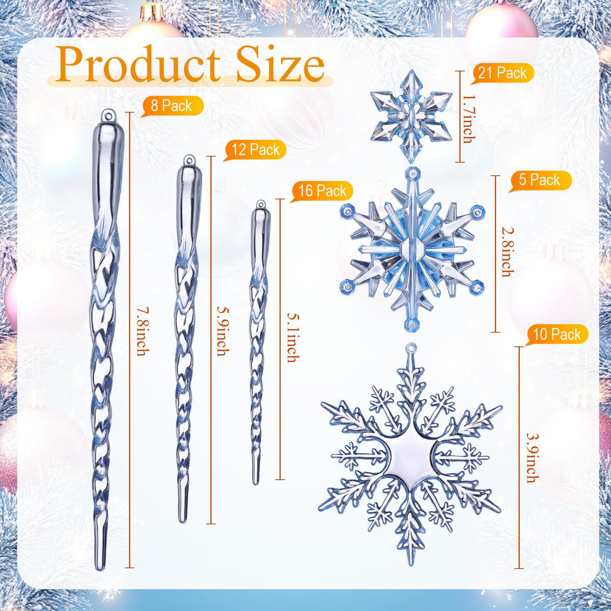Chuangdi 72 Pcs Snowflake Icicle Ornaments for Christmas Tree Twisted Glitter Icicles Acrylic Hanging Drop Decoration for Winter Xmas Holiday Party New Year Outdoor Supplies(Clear Blue)