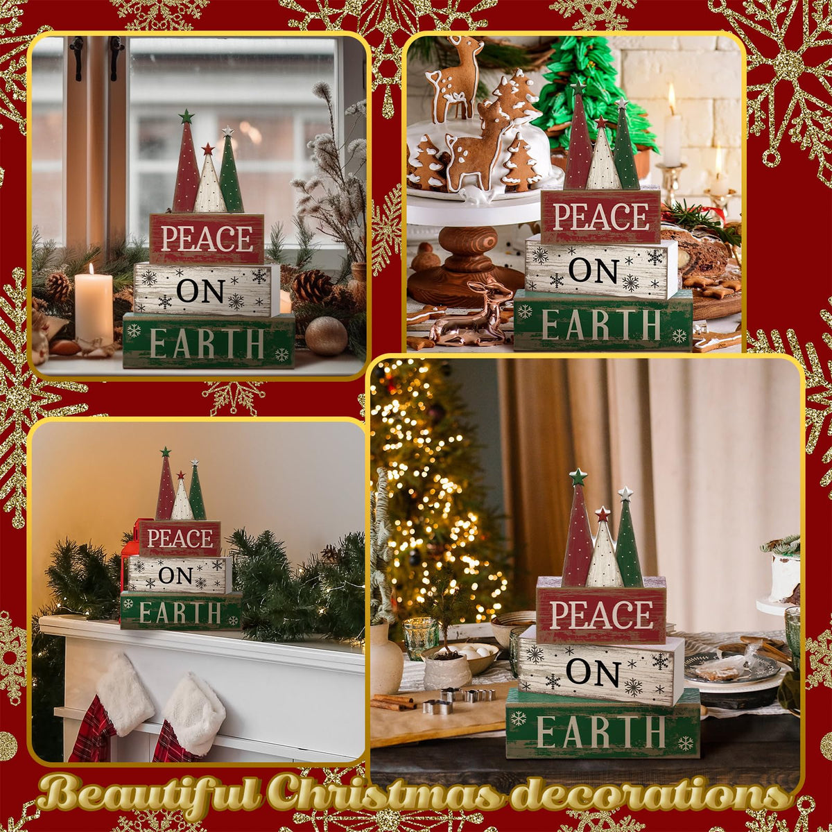 Lineshading 4 Pcs Christmas Table Decoration Wooden Christmas Tree Sign Winter Tiered Tray Decor Decorative Red Green and White Tree Block Signs Xmas Table Centerpiece Farmhouse Decor for Home Kitchen